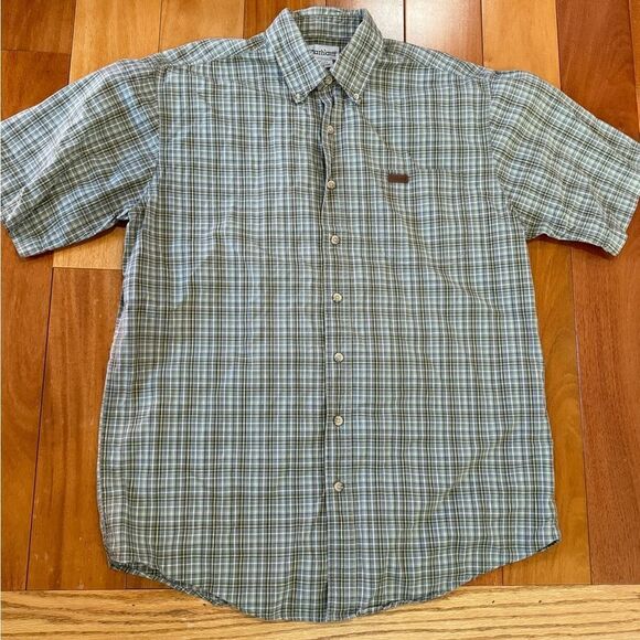 Carhartt men plaid button up commard short sleeve shirt Green blue Yellow Tall L - Picture 1 of 7